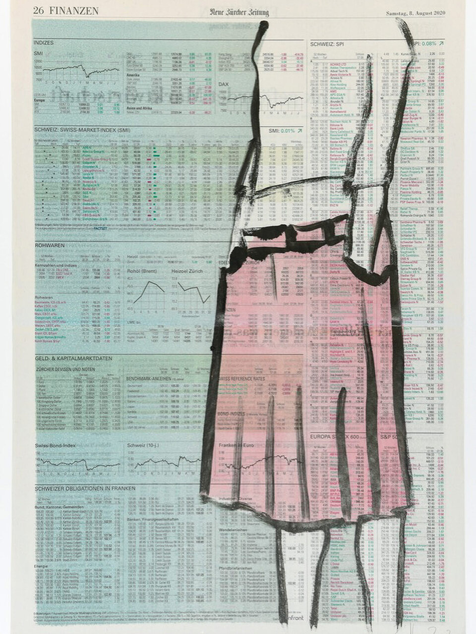 Frau mit Händen in den Taschen gezeichnet mit öl auf Zeitungspapier