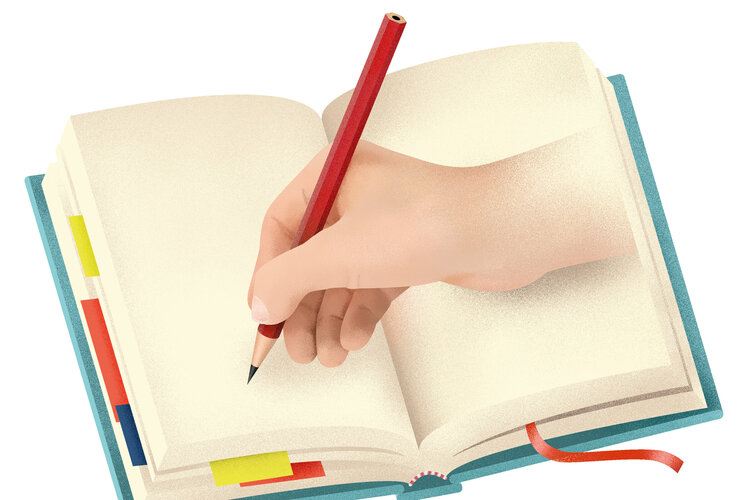 Die Illustration zeigt eine Hand, die in ein Notizbuch schreibt.