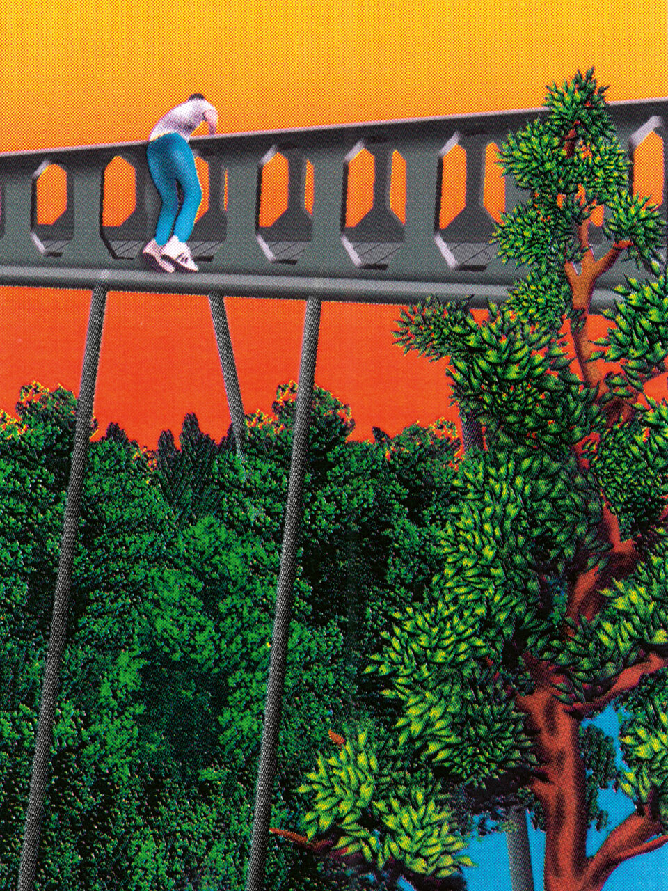 Illustration eines Mannes, der sich aussen ans Geländer einer Brücke klammert